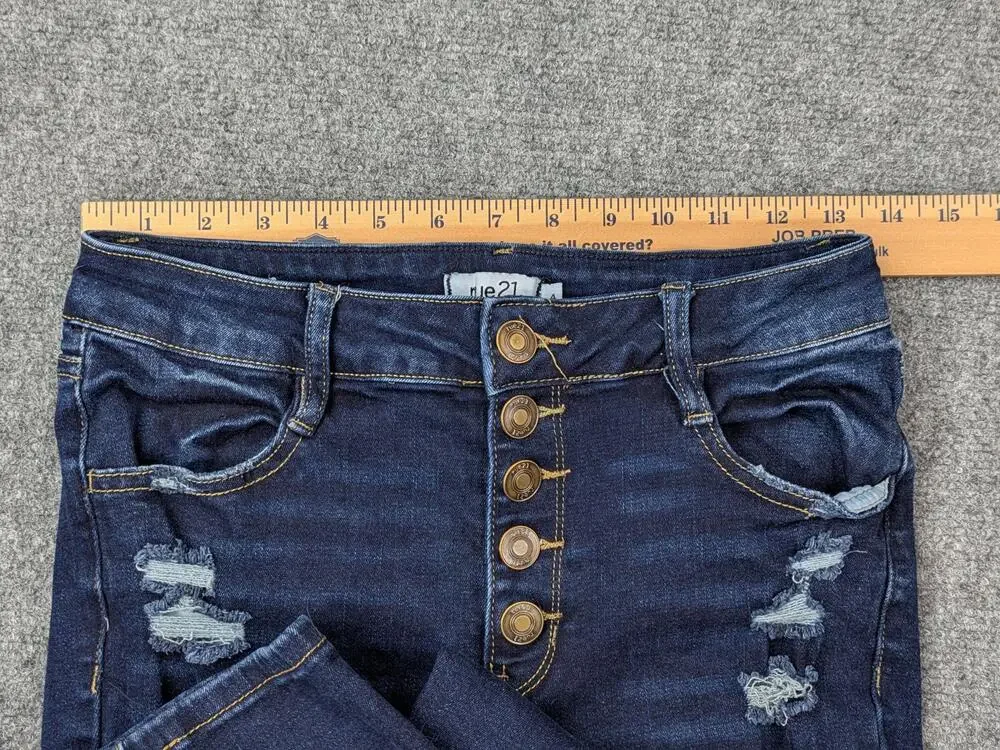 Rue21 Jeans Juniors 4 Blue Dark Distressed Skinny Button Fly Stretch Thrashed